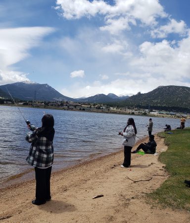 AXL students enjoy fishing on the second day of the overnight trip which included some snowy and windy conditions.