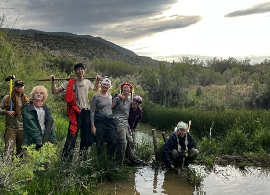 Changemakers pose near the water dammed up by their work building a beaver dam analog.